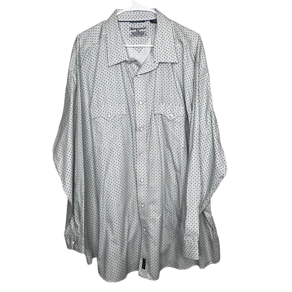 Rough Stock Mens 3XL Pearl Snap Shirt White Blue Green Printed Western Rodeo